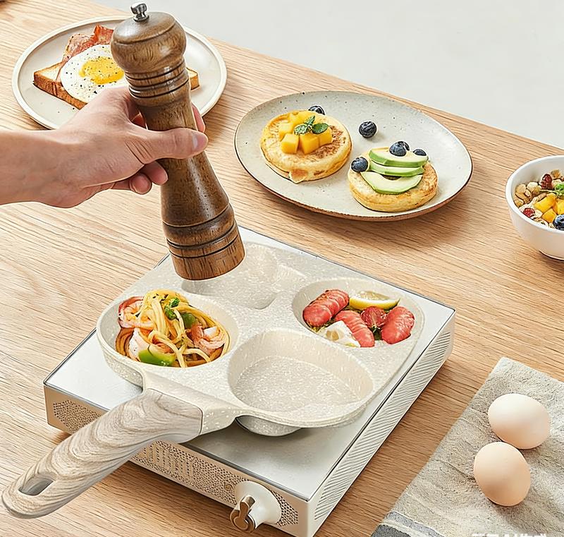 Nonstick 4-Cup Egg Frying Pan,Oil-Free Egg Pan,with Wooden Handle,Easy-Clean,for Pancakes,Burgers,Breakfast,Quick Cooking at Home,for Family Breakfasts