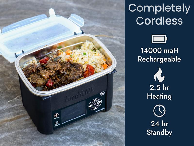 LunchEAZE XL Cordless Heated Lunchbox – Battery-Powered, 6-Cup Capacity, 220°F Max, Automatic Scheduled Heating, Insulated Bag Included