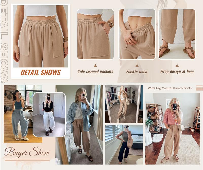 Mundoven Womens Baggy Wide Leg Pants Casual Elastic Waisted Palazzo Harem Pants with Pockets