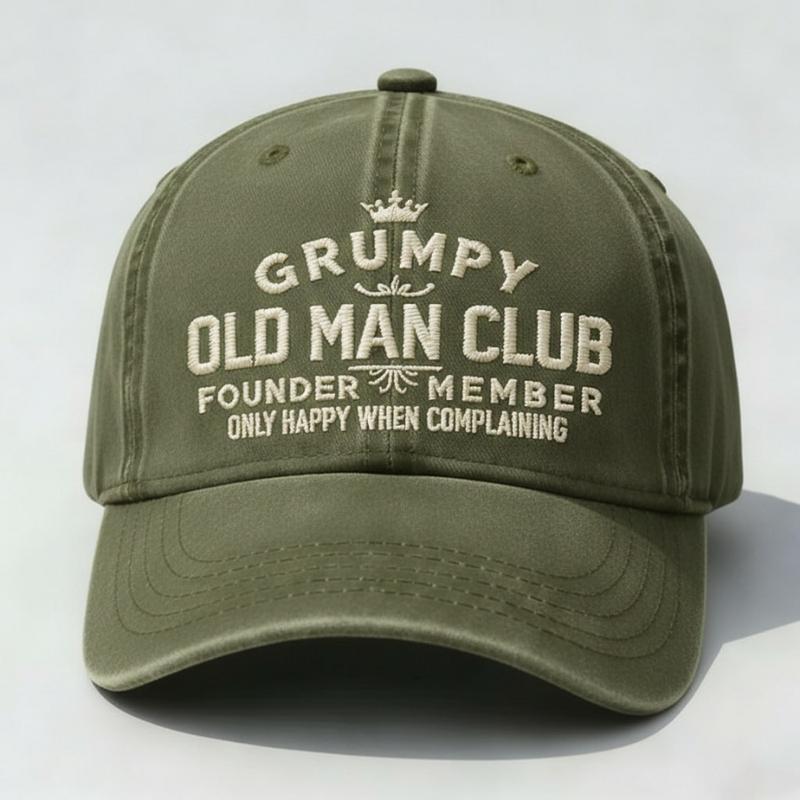 Grumpy Old Man Club Embroidered Washed Dad Hat, Founder Member Vintage Cap, Funny Complaining Quote, Relaxed Low Profile Baseball Hat Gift for Men