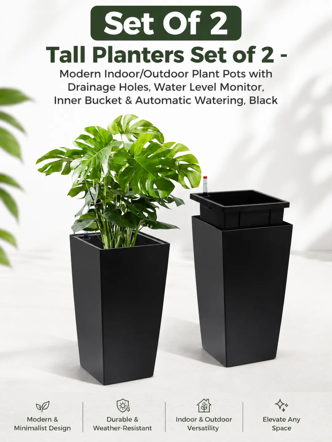 Plastic 2-Pack 16-Inch Tall Rectangular Modern Planters with Inner Basket, Built-In Drainage Support, Self-Watering Function, Dual-Use for Home Office Garden Indoor-Outdoor Flower Pots