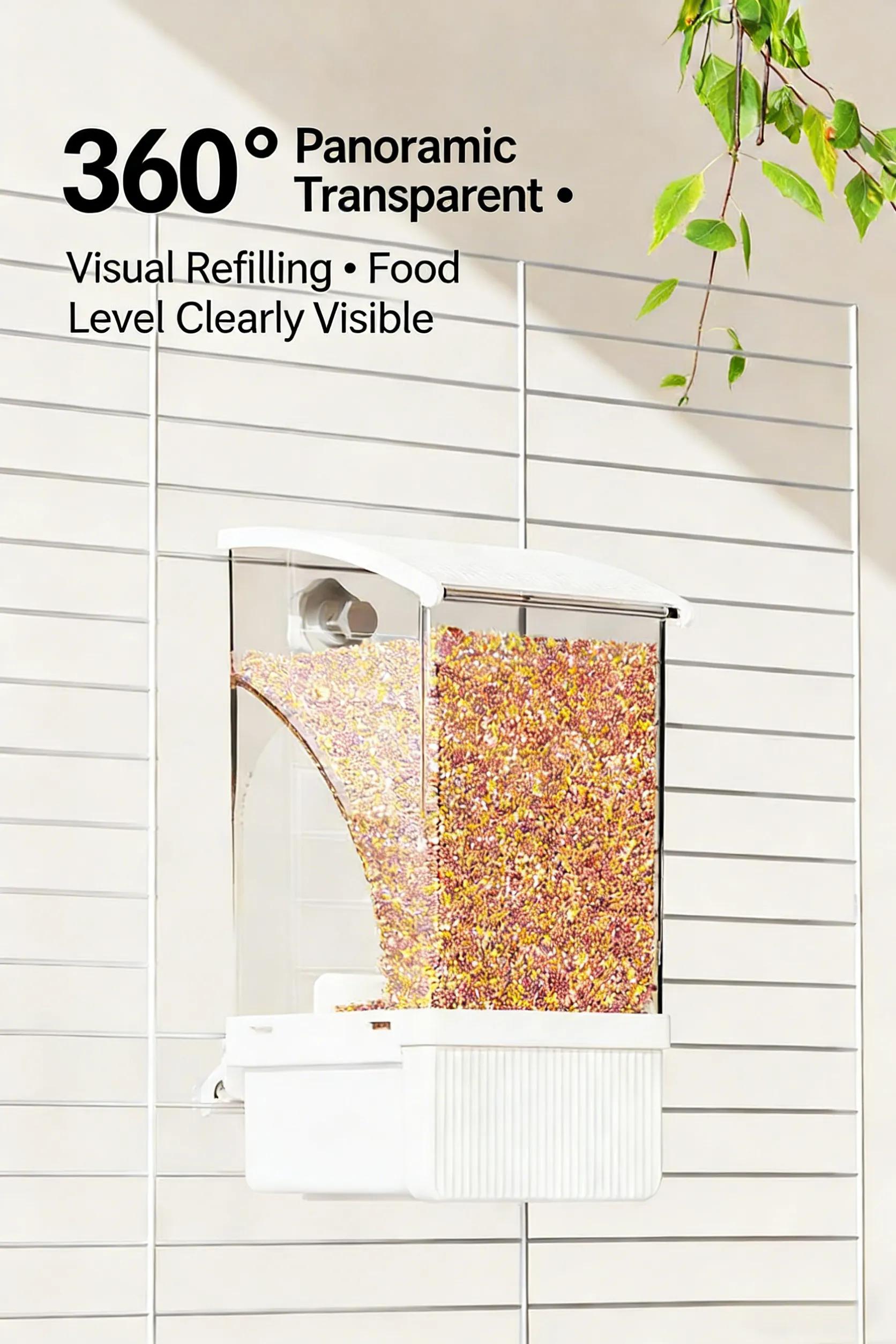 Bird Feeder for Cage - Automatic Gravity Food Dispenser with Perch, Clear Acrylic Seed Storage for Parakeets, Cockatiels, Budgies & Finches, Waste-Free Design, Premium Acrylic Material, 360° Transparent View