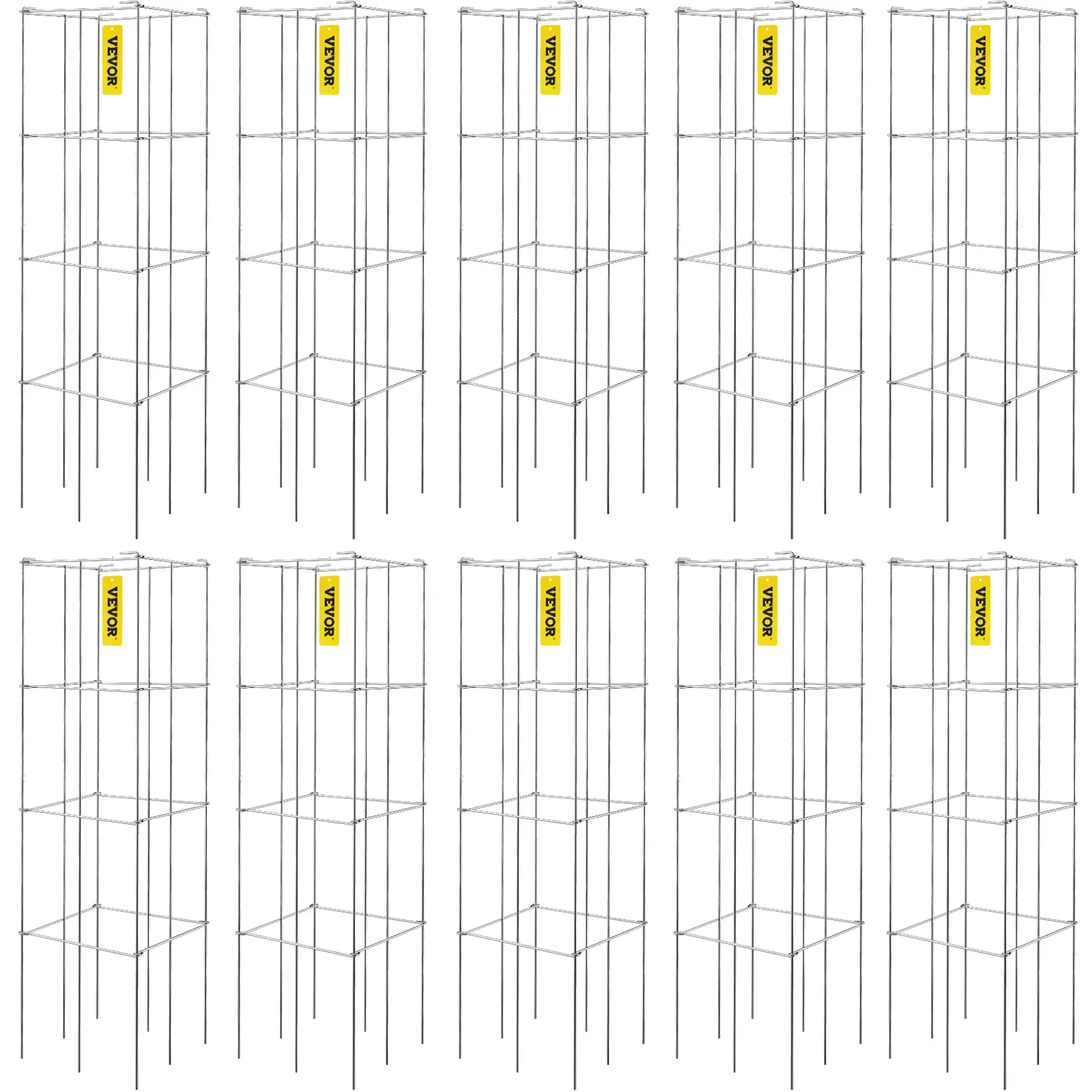 【Summerfinds】VEVOR 10-Pack Square Foldable Tomato Cages, 11.8"x11.8"x46.1" Silver PVC-Coated Steel Metal Trellis, Square Frames Supports Climbers, Home Balcony Outdoor Vertical Planter, Plant Trellis Netting Compatible Garden Accessory for Tomatoes & Peas
