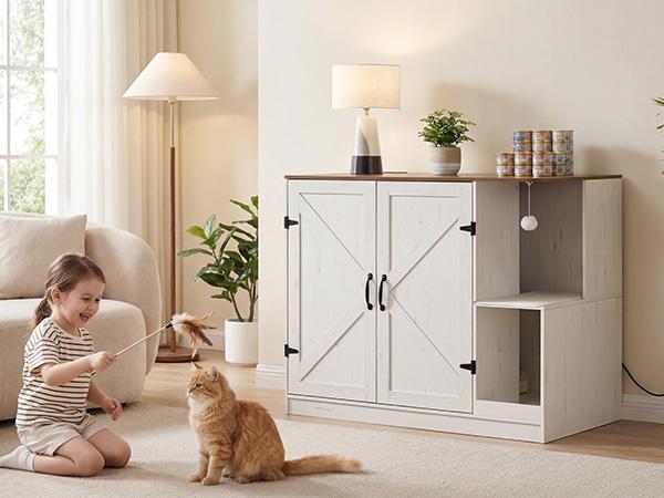 HOOBRO Farmhouse Cat Litter Box Enclosure, Automatic Cat Litter Box Cabinet with Charging Station, Hidden Cat Furniture with Hanging Ball & Sisal Mat, Tabletop & Hook, White and Walnut HOOBRO Farmhouse Cat Litter Box Enclosure, Automatic Cat Litter Box Cabinet with Charging Station, Hidden Cat Furniture with Hanging Ball & Sisal Mat, Tabletop & Hook, White and Walnut