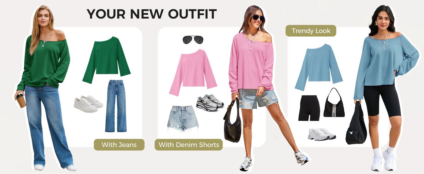 Fisoew Sports Summer Spring Women's Off-Shoulder Thin Sweatshirt/Tees, Wide Neckline Loose Pullover, Long Sleeve Y2k Fashion Loose Fit Top, SpringStatements Jeans