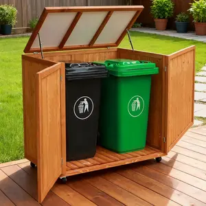 30 cu ft Outdoor Storage Shed, Wooden Trash Can Cabinet with Removable Wheels & Lockable Door for Patio, Garden, Garage