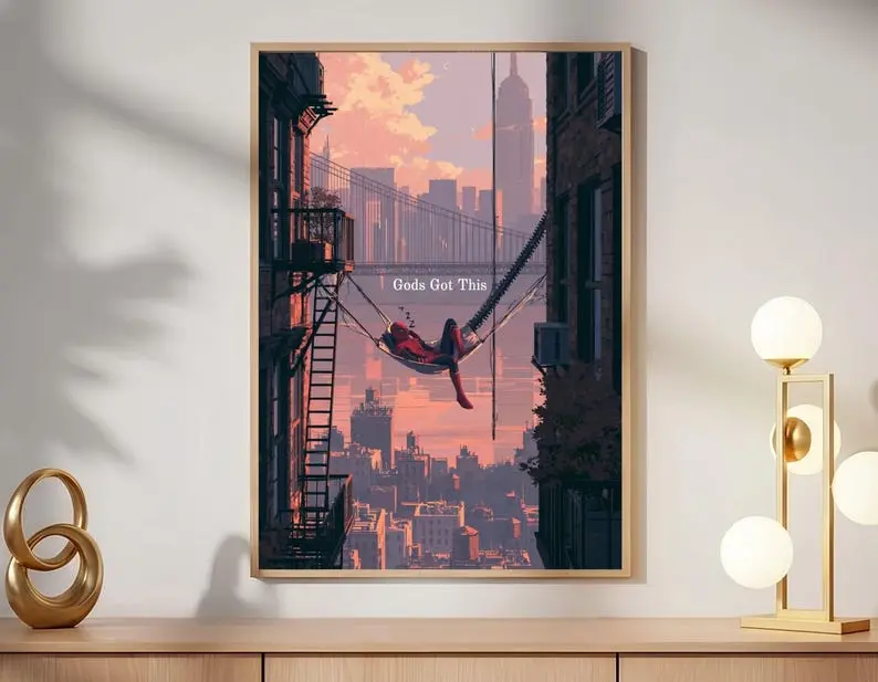 Spi.der/m@n Nap Poster, Gods Got This Quote Print, NYC Skyline Wall Art, Bedroom Decor