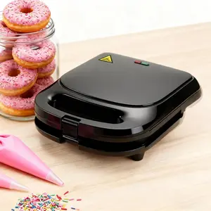 Doughnut machine with non stick board, LED indicator light, thermostat control, cold touch handle, easy to clean (black) American standard two plug