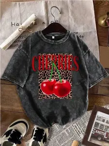 Plus Size Summer Women's Fun Print Hip-Hop "Leopard Cherry Letters" Personalized Pattern Print Street , Korean Style Y2k Clothing Women's Clothing, Round Neck Short-Sleeved Washed T-Shirt