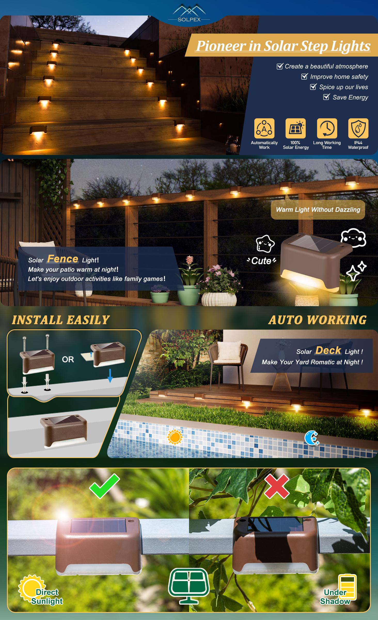 【Christmas Gift】Solar Deck Lights Outdoor, Solar Light Outdoor, garden accessories, backyard lights,Solar Step Lights Waterproof Led Solar lights for Outdoor Stairs, Step , Fence, Yard, Patio, and Pathway(Warm White), Valentine's Day