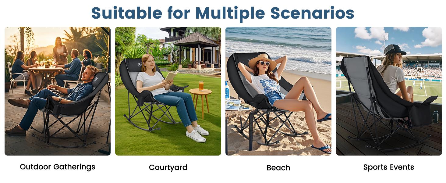 MOPHOTO Rocking Camping Chair,XXL Oversized Folding Fully Padded Outdoor Lawn Chair with Side Pocket,Portable Recliner for Patio, Backyard, Supports 400 lbs