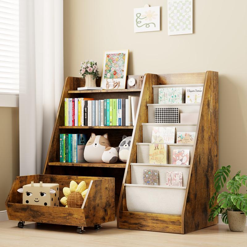 COZPAW Kids Bookshelf and Toy Storage, 4 Tier Toddler Bookshelf with Movable Drawer 5 Sling Pockets, Montessori Book Shelf for Kids Room, Playroom, Nursery (Oak)