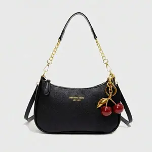 Stylish PU Fabric Single-Shoulder Bag with Printed Design Metal Chain & Cherry Motif Women's Shoulder Bag Ideal for Shopping