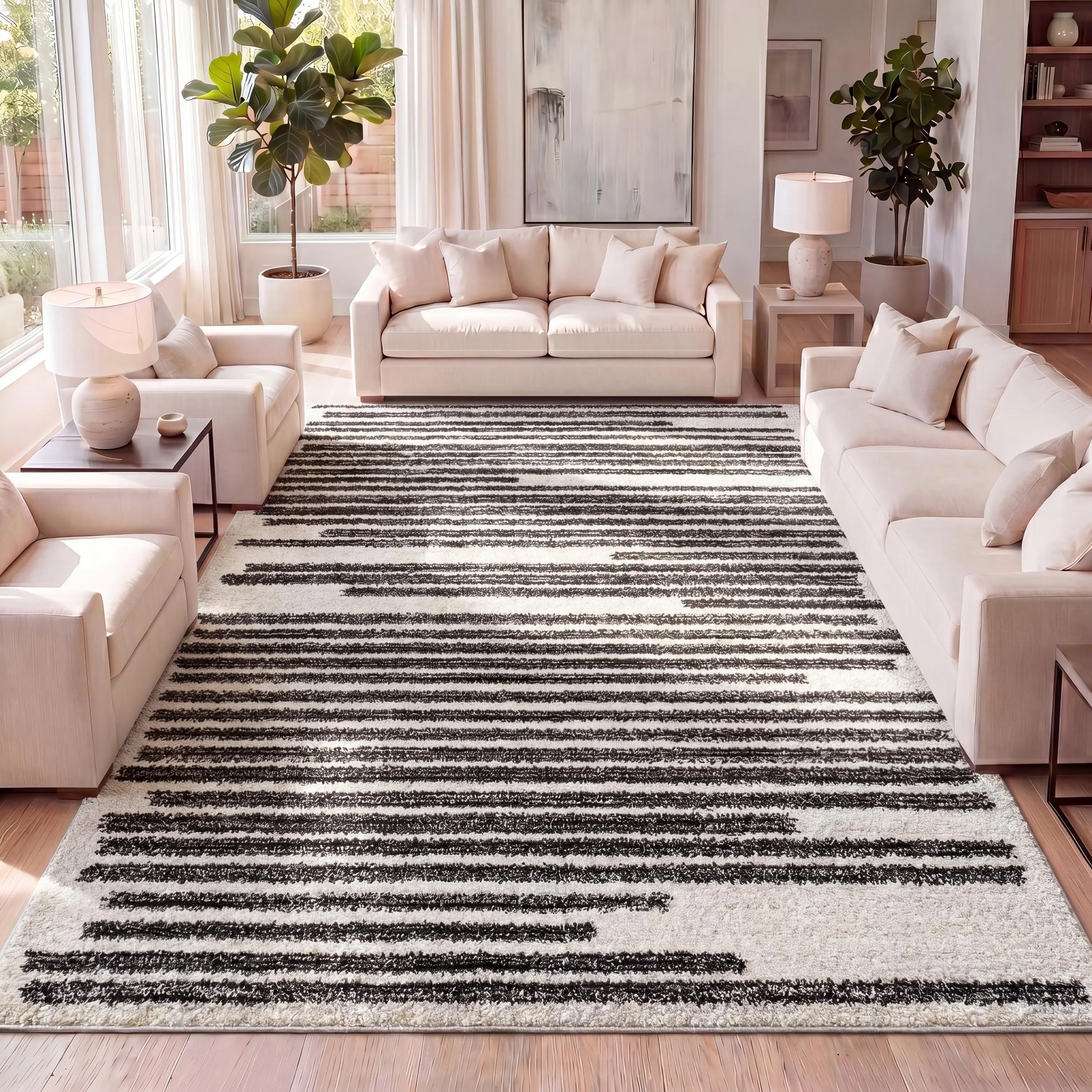 JONATHAN Y Khalil Modern Berber Stripe Polypropylene Indoor Area Rug - Home Decor Items, Decor for Living Room, Black and White/Beige Striped Rugs for Bedroom, Office, Black And White Striped Area Rugs