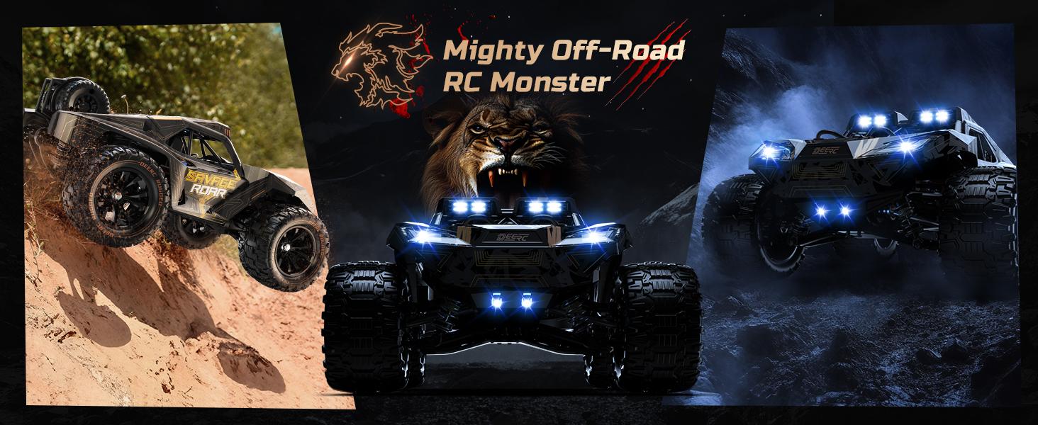 DEERC 1:14 Crawler RC Car, 48Kph High Speed RC Truck with LED Headlight, Offroad 4x4 2.4Ghz Remote Control Car, 2 Batteries, 40 Mins Running Time