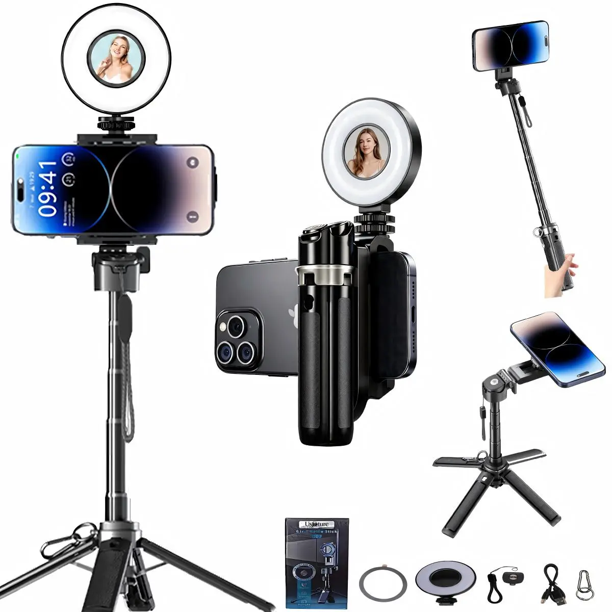 USfoture 6-in-1 Magnetic Mini 20.5'' Selfie Stick for iPhone with LED Light. Can Converts into Mini Tripod/Phone Camera Grip/Handheld Stabilizer/Phone Stand. Selfie Stick with Rechargable Remote