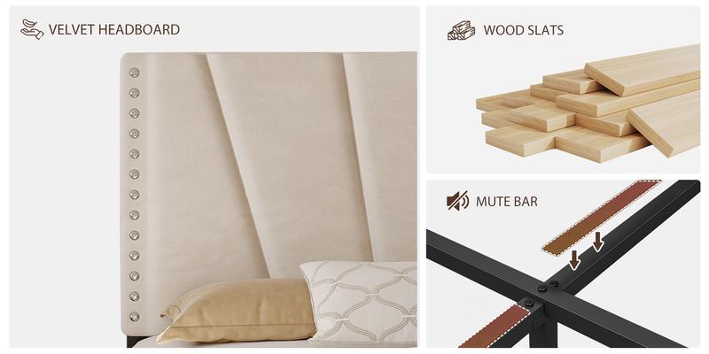 Upholstered Bed Frame for King Queen Fullwith LED & USB Ports,No Mattress, Modern Luxury Platform Bed Frame with Headboard and Storage Shelf, No Noise, Holds 800lbs, Wood Slats & Metal Frame, Gray, Beige