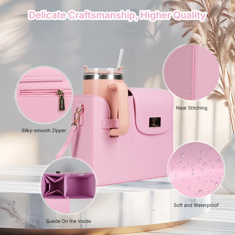 Behaesty Adjustable Crossbody Bag with Drink Holder & Wallet Storage for Women - Pink Leather Satchel for Gym Work Travel - All-in-One Organization & Versatile Strap