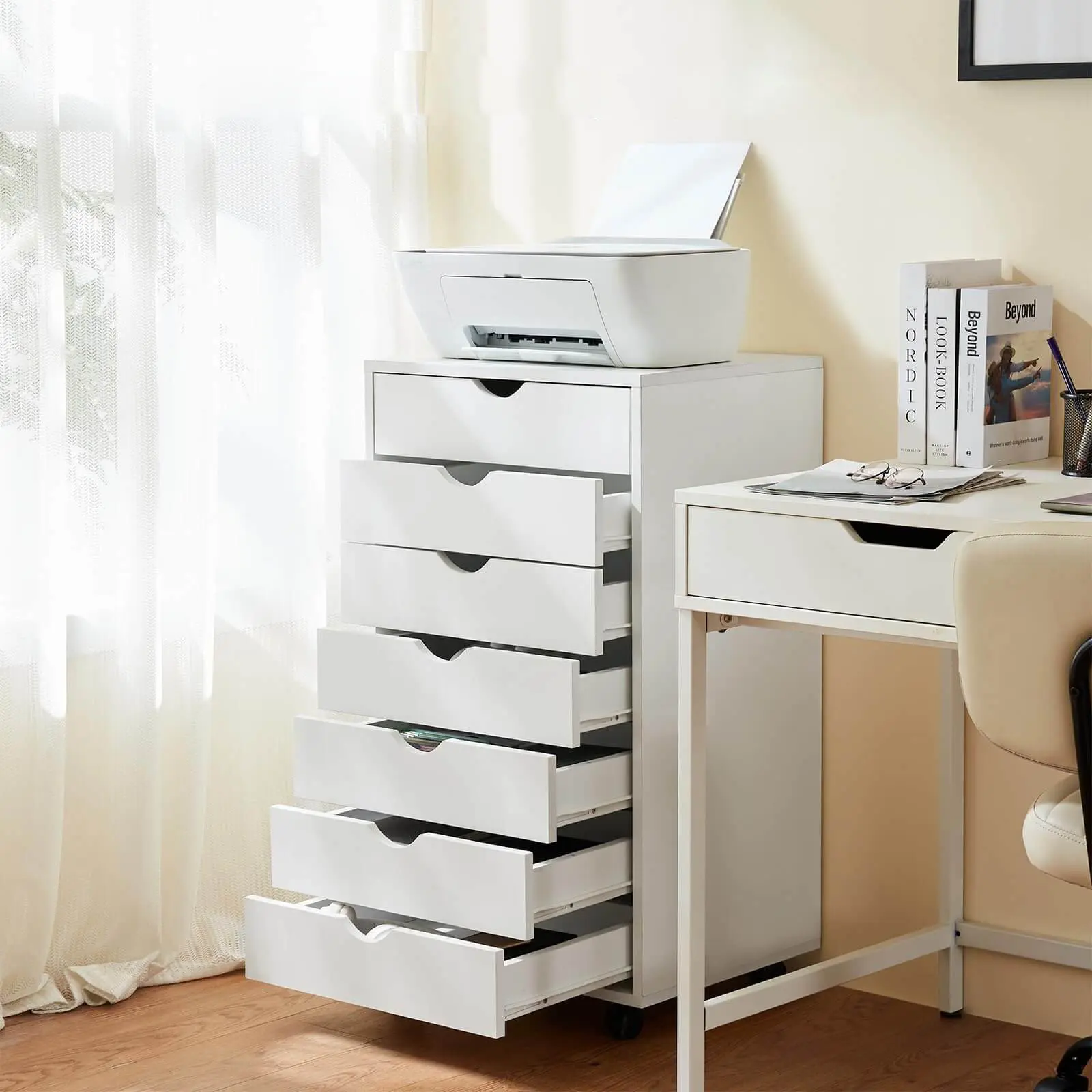 【Deal】SweetFurniture 7-Drawer Modern Wood Dresser - MDF Wooden Closet Cabinet with Wheels, Room Storage Organizer for Bedroom, Office, Dresser For Bedroom