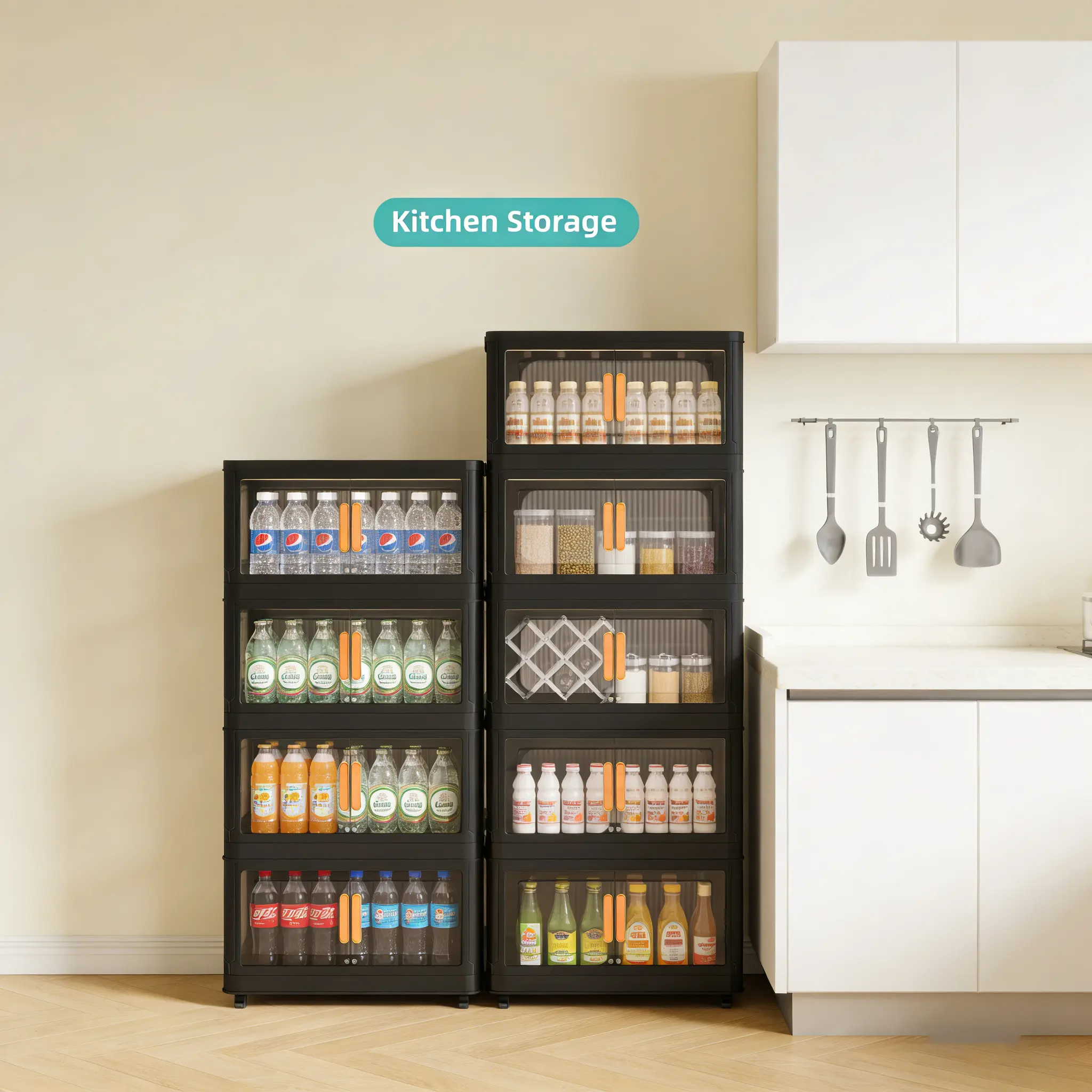 Foldable Rectangular Plastic Home Storage Cabinet - Thick PP 4-Tier Stackable Floor Cupboard with Wheels, Magnetic Dust Seal, Easy Assembly, Foldable to Save Space, Kitchen Organizing Cupboard (Closet Use Included)