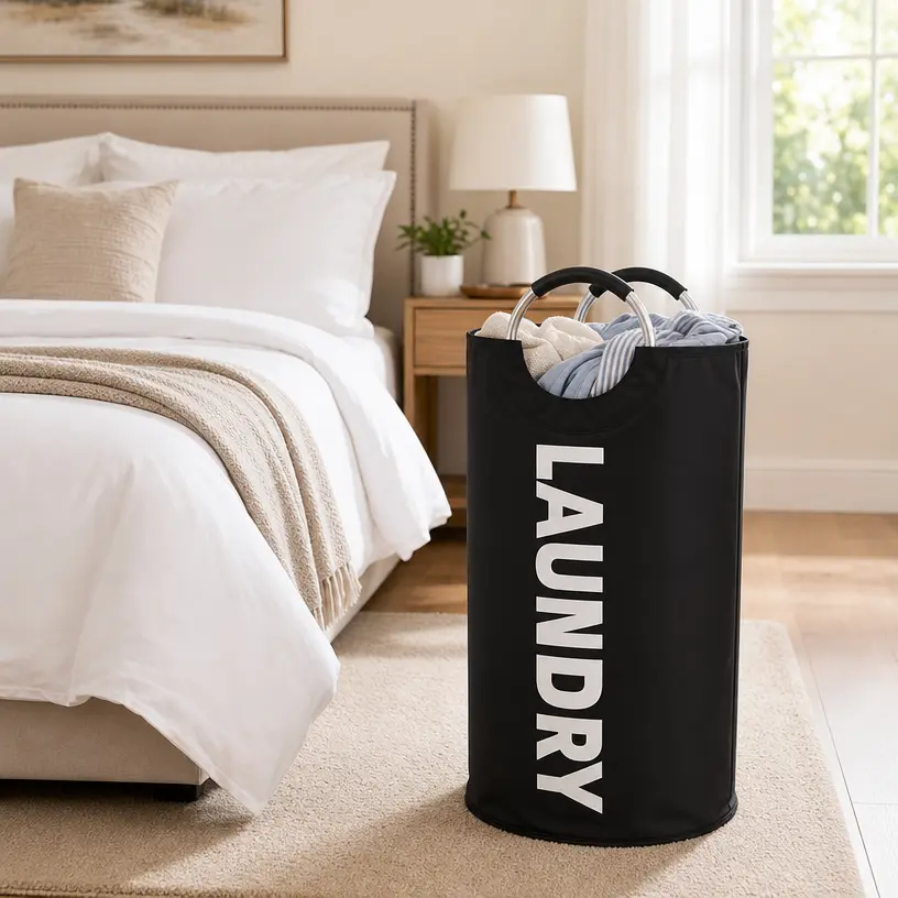 Extra Large Foldable Oxford Laundry Basket - Tall Collapsible Fabric Bin with Aluminum Full Loop Handle, Modern Practical Space-Saving Design for College Dorm Shopping, Bedroom Closet Organization