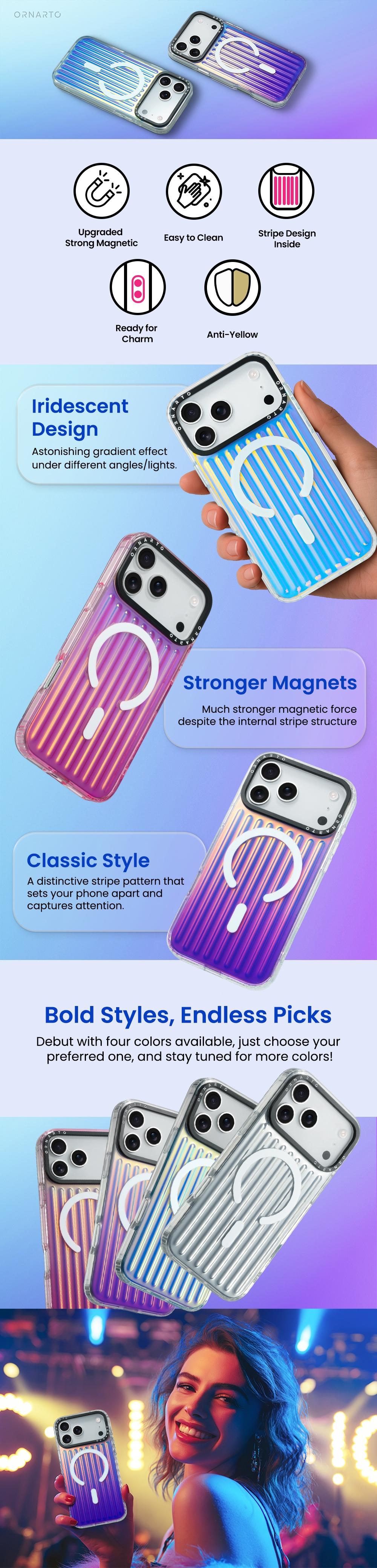 ORNARTO Iridescent Luggage Design iPhone 17 Pro/Pro Max Case Compatible with MagSafe Shockproof Military Grade Drop Protection
