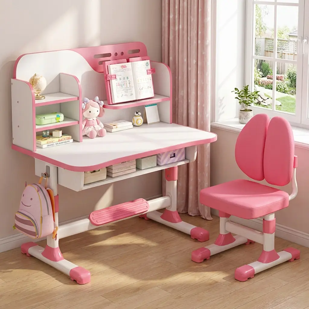 Kids Adjustable Ergonomic Study Desk & 1 Chair Study Set - Cartoon Astronaut Pattern, Metal Frame, E1 Eco-Friendly Plate, 3-6 Years Use, 300kg Load, Assembly Required, Storage Drawers, Bookshelf, 84x42x37cm & 111x80x54cm Preschool Children's Furniture, 1