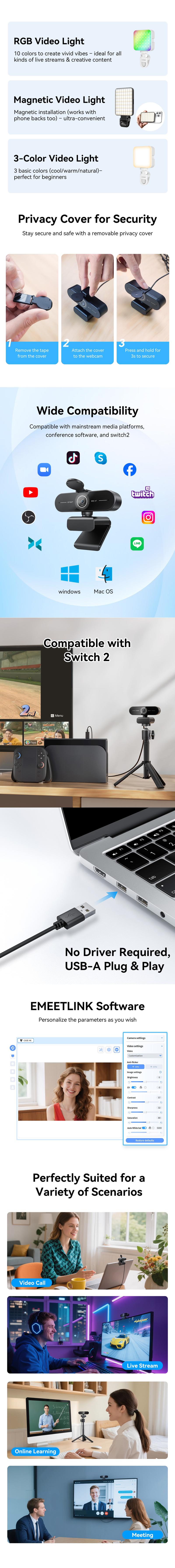 EMEET C60E 4K Webcam Streaming Camera for PC Laptop Gaming Accessories for Switch 2 Camera 1080p@60fps Fast AutoFocus Wireless Fill Light Plug & Play with Privacy Cover Game Changer Webcam 4K for Streaming Living, TikTokShopBlackFriday