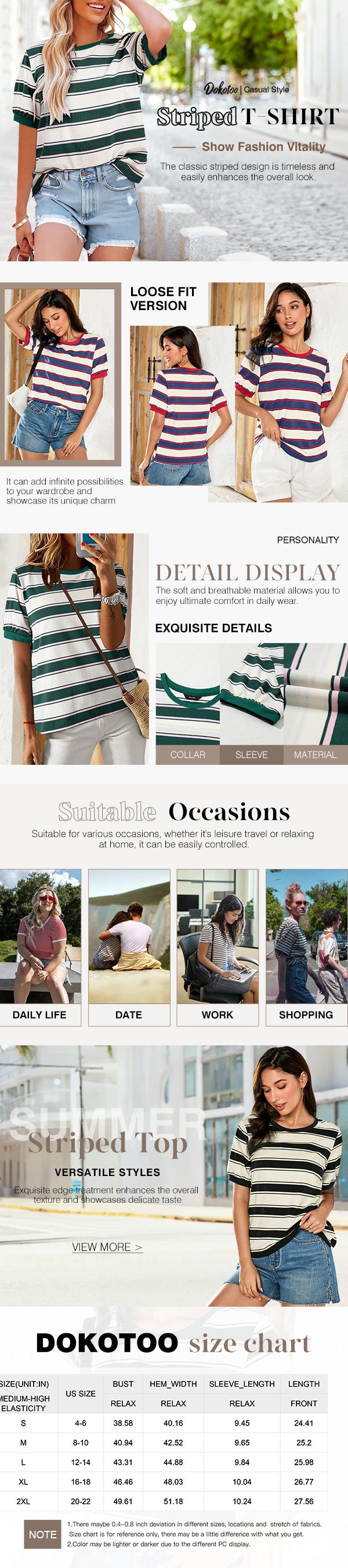 Dokotoo Women's Summer Tops 2026 Striped Color Block Short Sleeve T-Shirts Crewneck Casual Loose Basic Tee Blouses 95% Cotton 5% Elastane Breathable Lightweight Soft Durable