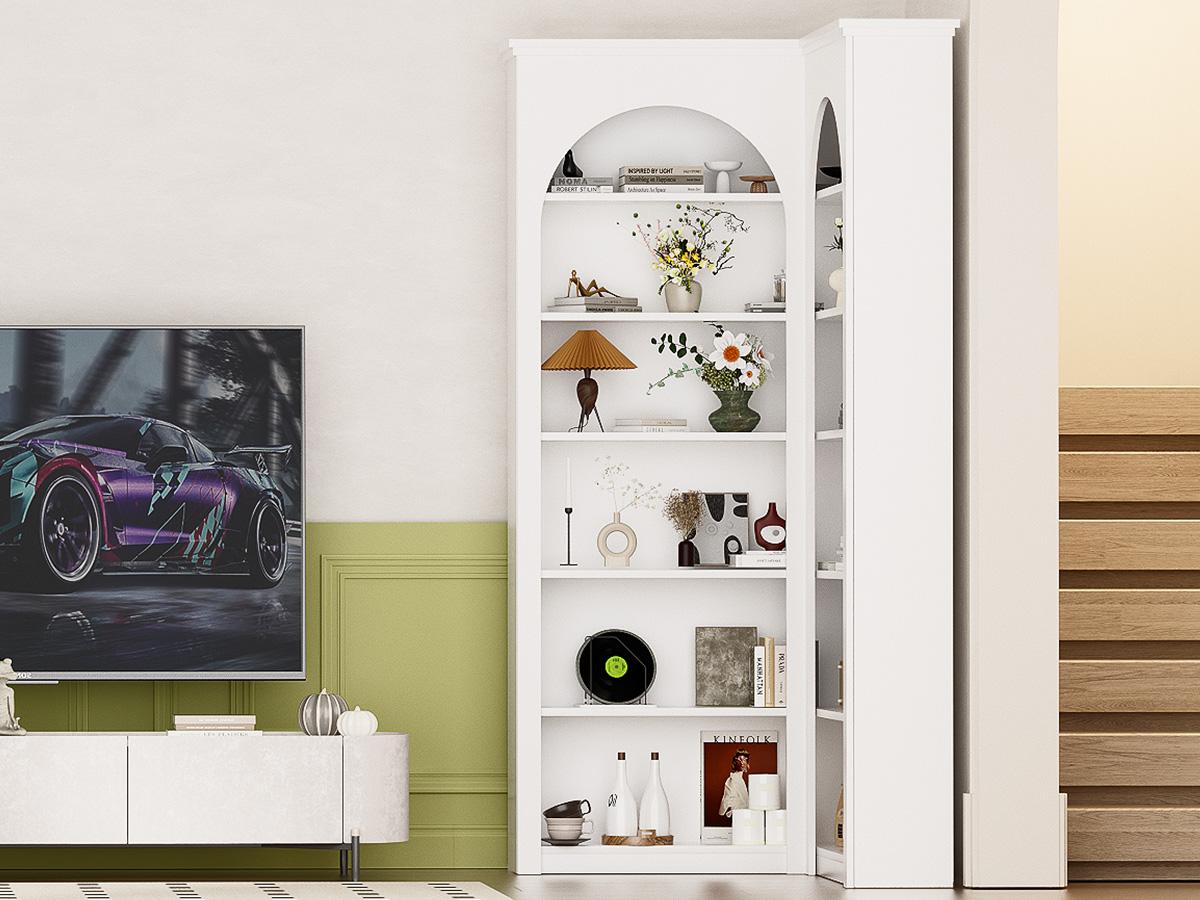 Corner Bookshelf, 71 inch 6 Tier Storage Bookcase, L-Shaped Corner Bookshelf, Living Room/Home Office/Bedroom Display Unit, Arched French Style