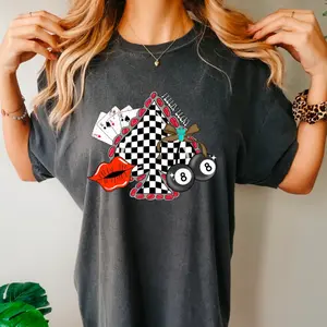 Comfort Color Feelin Lucky Checker Space Lips 8 Ball Tee, crewneck shirt for women, western outfits women, western clothing stuff for women, country girl clothes T-Shirt