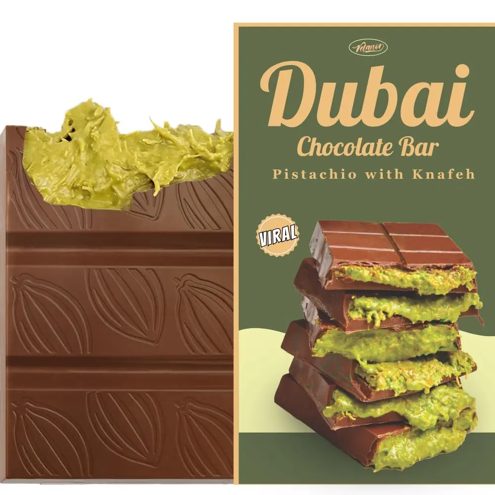 Dubai Chocolate Bar Pistachio Large 7 oz Bar, Premium Milk Chocolate, Pistachio Cream with Kataifi Shredded Phyllo Dough, Viral Dubai Knafeh Candy Snack Bonbon