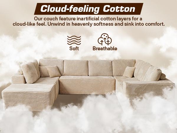【4 Packages Shipping】Ovios Sectional Cloud Couch for Living Room, Modular Floor Sofa with Plush Corduroy, No Assembly Required, Big Comfy Couches Set with Fluffy Memory Foam, Stupendous U Shaped Sofas with Chaise Furniture Lounge