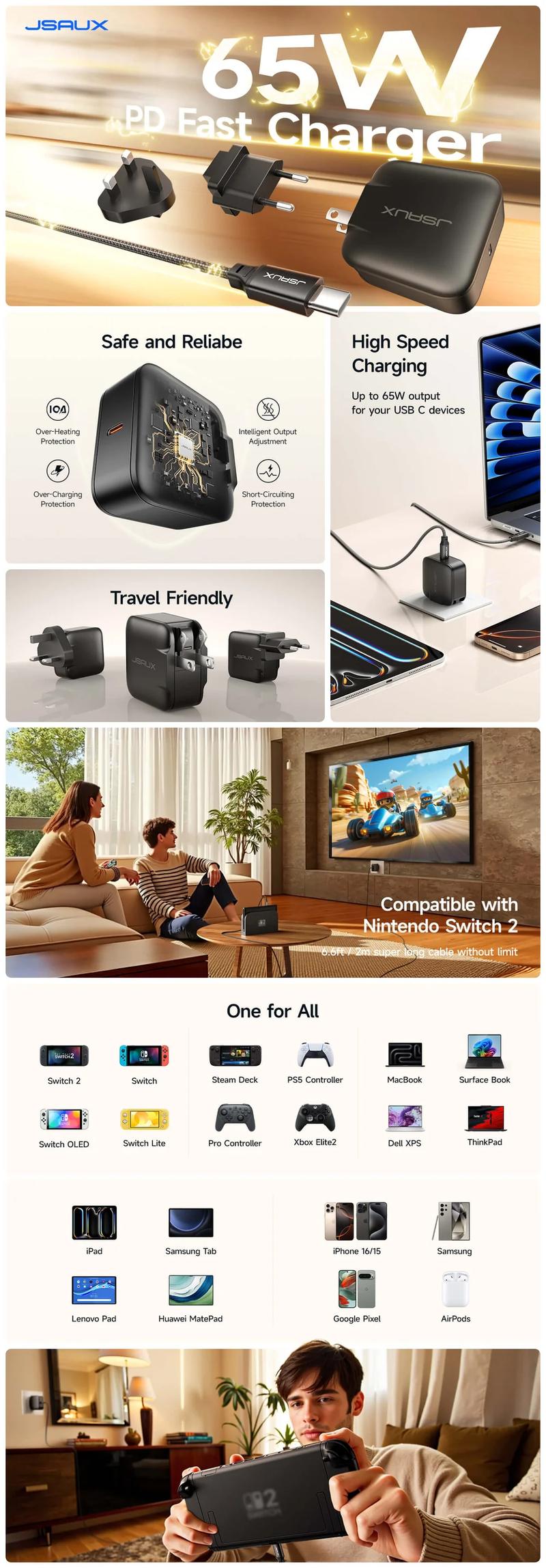 JSAUX 65W USB C Charger for Nintendo Switch 2, Powers in TV Mode, with EU/UK Plugs & 6.6FT Cable, GaN PD Fast Charging for Steam Deck, ROG Ally, Galaxy, Pixel, iPhone 15/16, Tablet & Laptop – Black