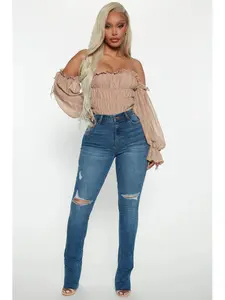 Best Stretch Ripped High Rise Bootcut Jeans - Dark Wash, 5 Pocket, 11" High Rise, 34" Inseam, Fray Hem, Compression Stretch Fabric, Plus Sizes Available