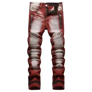 Streetz jean printed sweatpants 2025 High Quality Men Casual Jeans Coated Straight Pleated Biker Jeans Male Motorcycle Denim Pants Vaqueros Hombre Plus Size 42