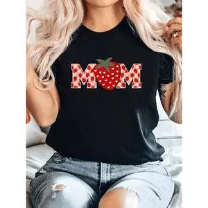 Humorous Women's Strawberry Mom TShirt Casual Short Sleeve Crew Neck Stretch Fabric Spring Summer Top with Playful Strawberry and Heart Design