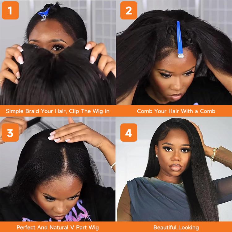 [Clearance Sale] WIGGINS Hair Kinky Straight V Part Wig Human Hair 200% Density No Leave Out Thin Part Beginners Glueless Wig Easy Install Upgrade V Part Wig TikTokShopBlackFriday