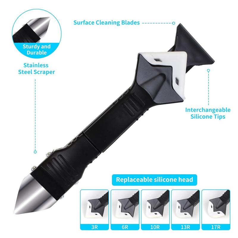 DABATR 3 in 1 Silicone Caulking Tools（Stainless Steelhead）, Sealant Finishing Tool Grout Scraper, Reuse and Replace 5 Silicone Pads, Great Tools for Kitchen Bathroom Window, Sink Joint
