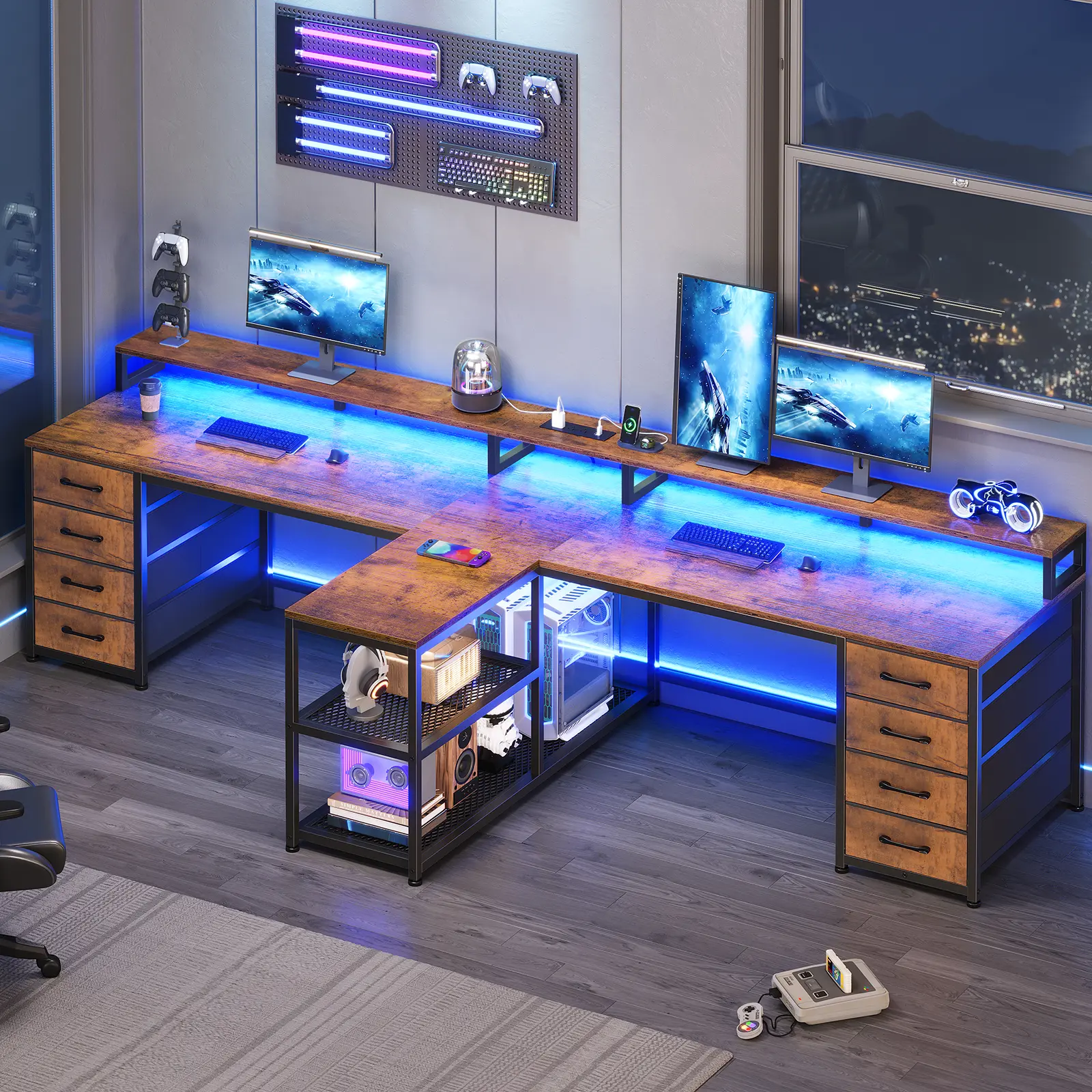 Sedeta 94.5-Inch Long Wood & Metal Modern 2-Person Gaming Desk, Home Office Furniture with LED Lighting, 8 Storage Drawers, Built-In Power Outlet, Gamer Stuff, Cool Room Decor, Apartment Stuff, Home Office Desk, Computer Working Desk