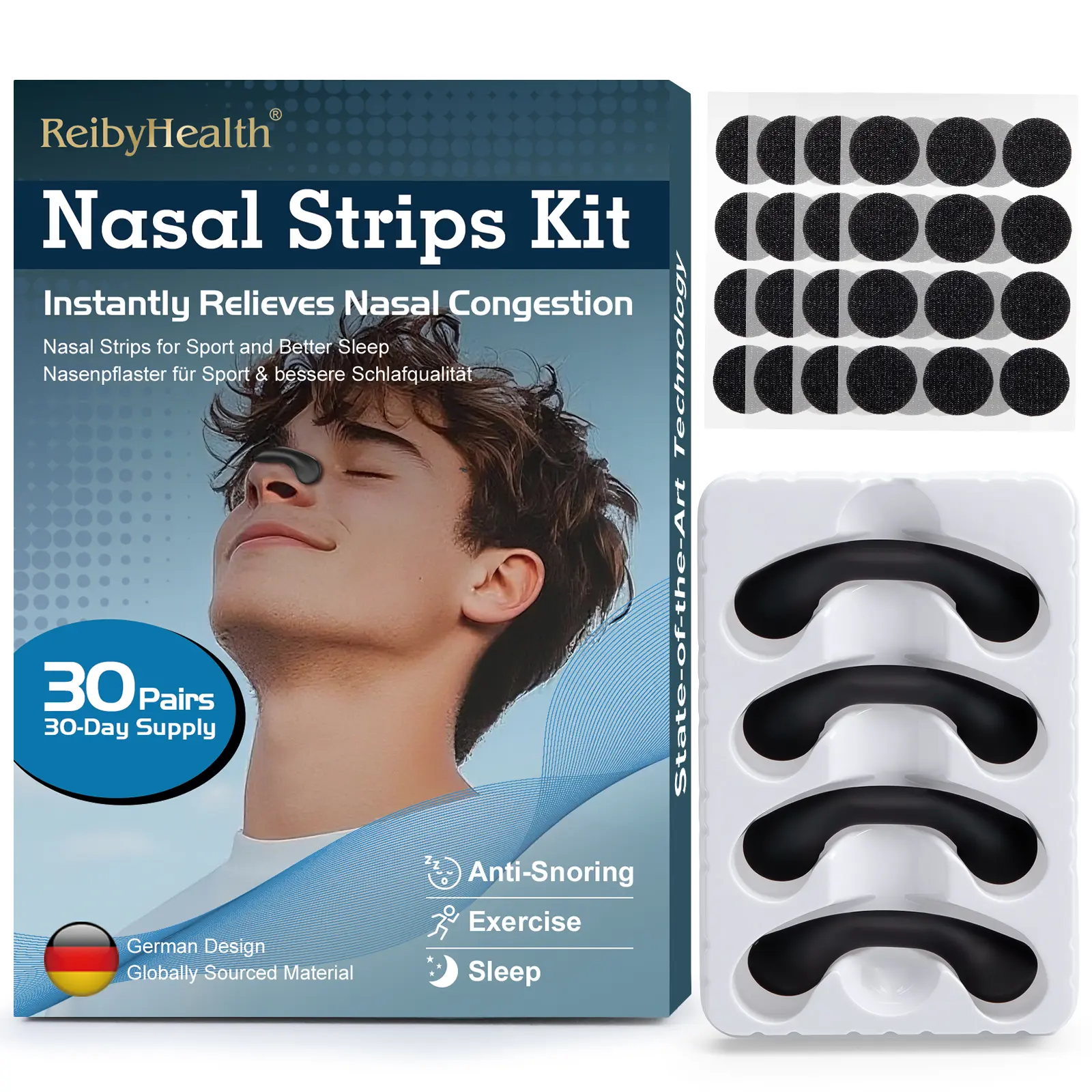Nasal Strips Starter Kit - Reusable Band + Tabs, Nasal Strips for Sleep, Anti-Snoring , Breathing & Sports, Upgraded Design Stronger Lift Than Traditional Nose Strips, Effective Nasal Congestion Relief Anti Snoring Devices, 2 Size, 60 Tabs, 30 Day set