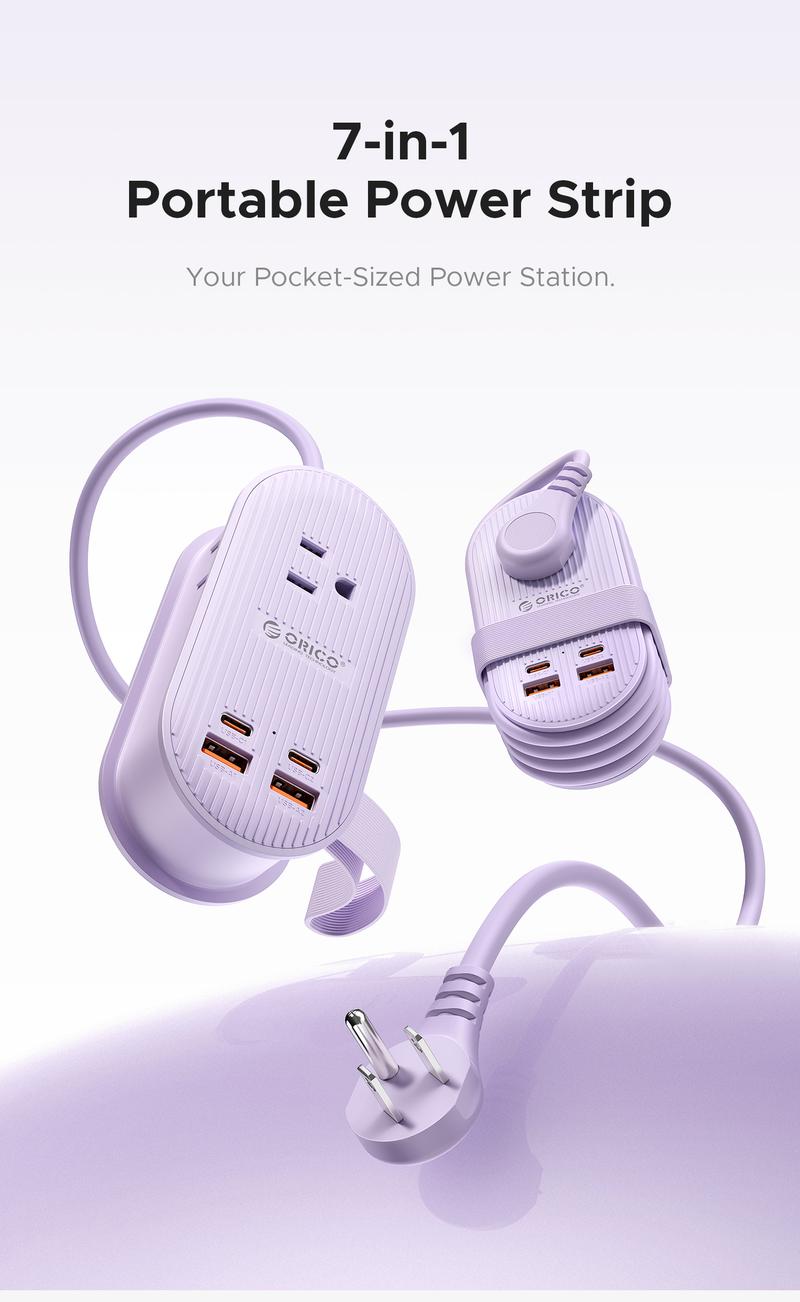 ORICO Upgraded 7-in-1 Travel Power Strip,2 Outlets & 4 USB Ports (2TYPE-C+2USB-A), 65W Fast Charging, Compact for Cruise, Hotel, Dorm, and Travel Essentials- TK