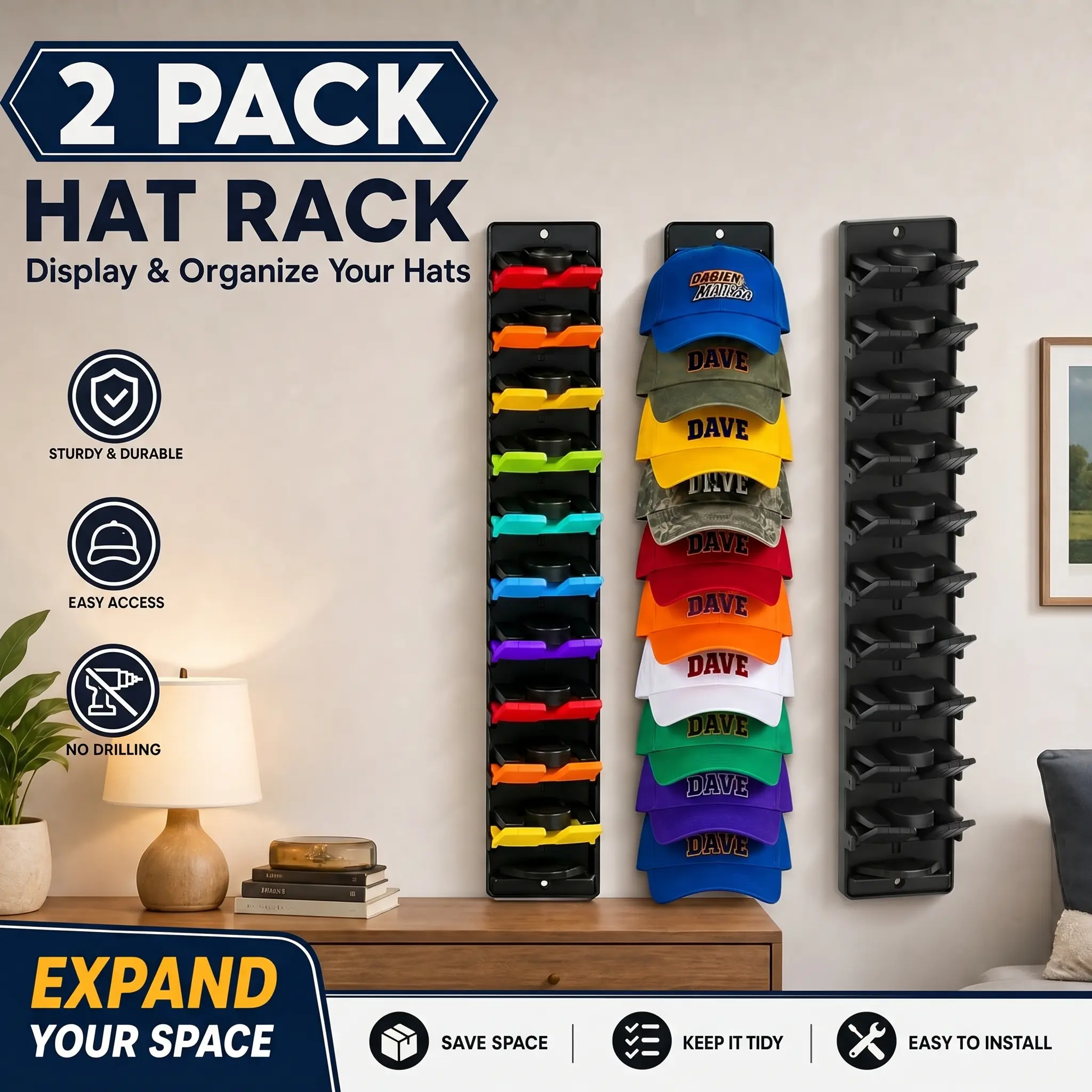 Hat Organizer for Baseball Caps 2 Packs with Built-in Spring Clips Wall Mount Closet Hat Rack Holder Adjustable Storage for Door Closet Display Hat Racks Hanger Strong Adhesive Screws
