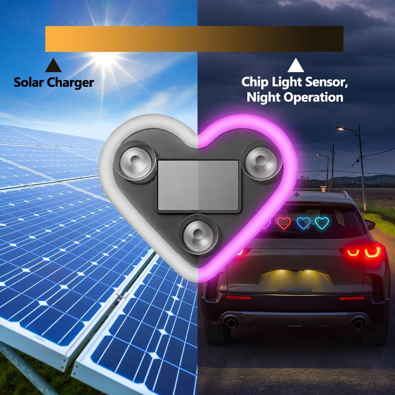 DUFIKKI Solar Powered Wireless LED Triangle Heart Shape C-Pillar Neon Light for Car Interior Decor Eco-Friendly Modern Stylish Look