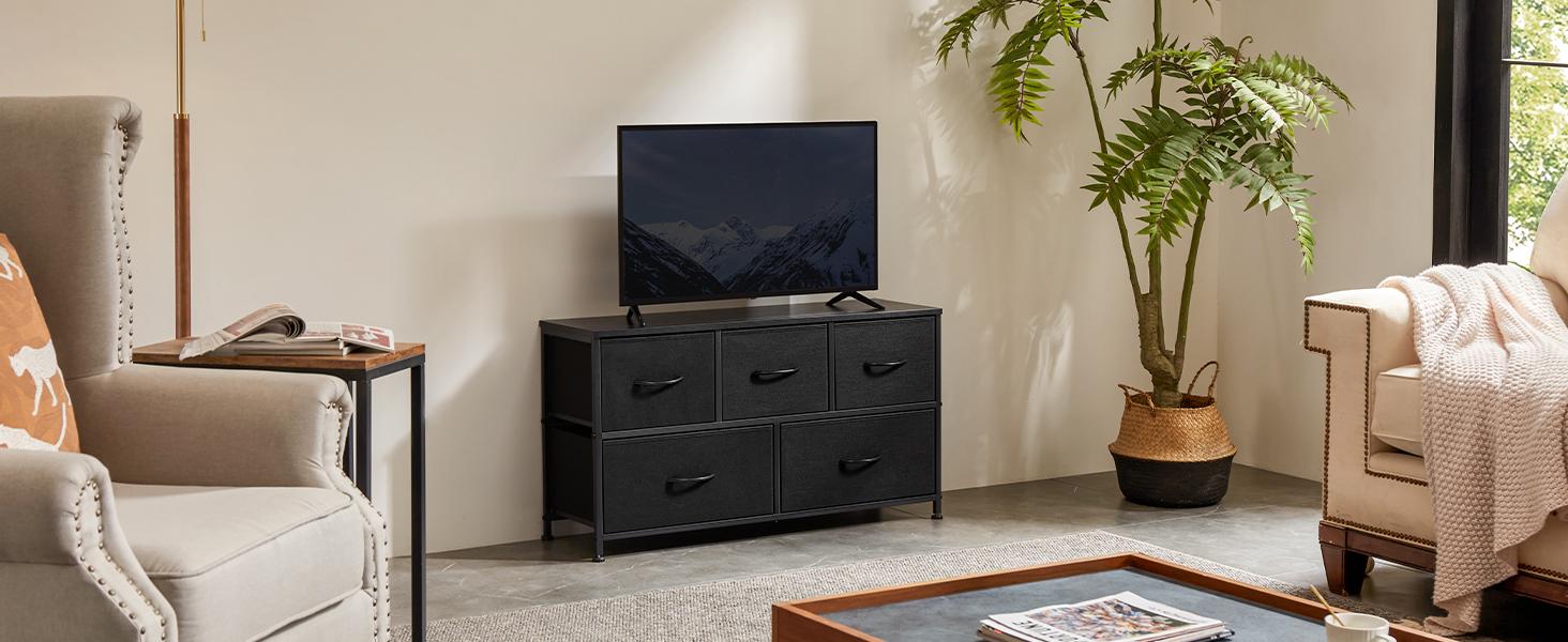 Organizer Storage 5, Chest of Drawers with Fabric Bins, Long Dresser with Wood Top for Bedroom, Closet, Entryway