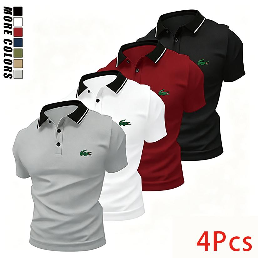 Men's Slim-Fitted Shortsleeve Croco Print Polyester Polo Shirts (4-Pack) - Menswear with Collar, Button Placket, Stretchy Comfort, Machine Washable - Suitable for Golf, Everyday Casual Wear