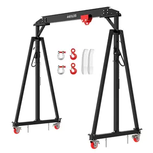 Garvee Adjustable Gantry Crane 2 Ton with Manual Trolley, Hook and Sling strap, 4400 LBS Portable Garage Hoist, Height 97"-141" 12-Position I-Beam Crane for Factories, Construction, Warehouse, Auto Shop Lift