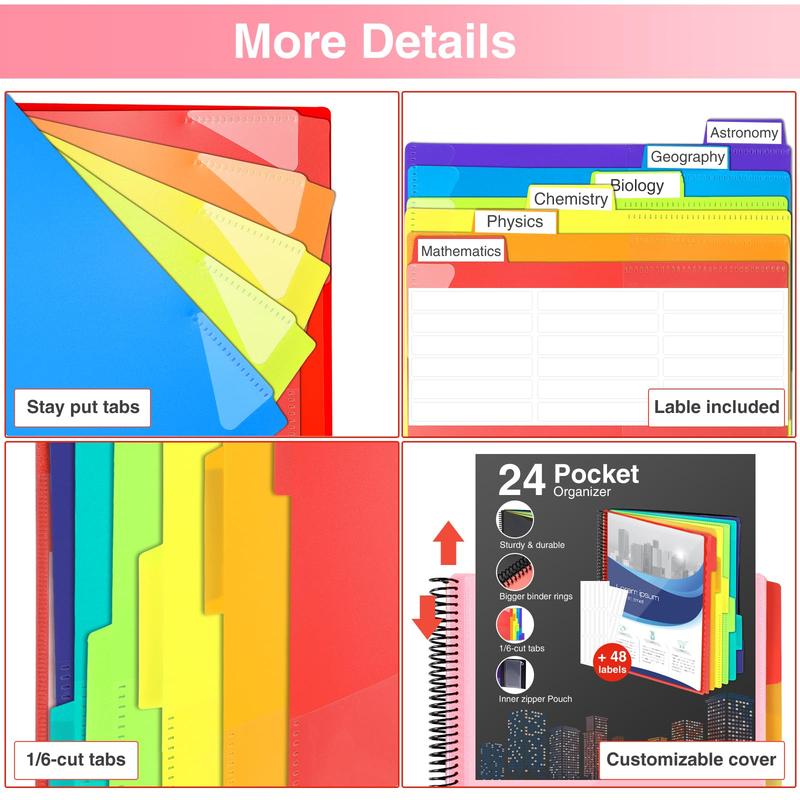 24 Pocket Project Organizer,  1/3-cut Tab Binder Organizer with Sticky Labels, Multi Pocket Folder with Zipper Pouch, Folder Binder Spiral Pocket Notebook, Office Supplies, Letter Size, Blush