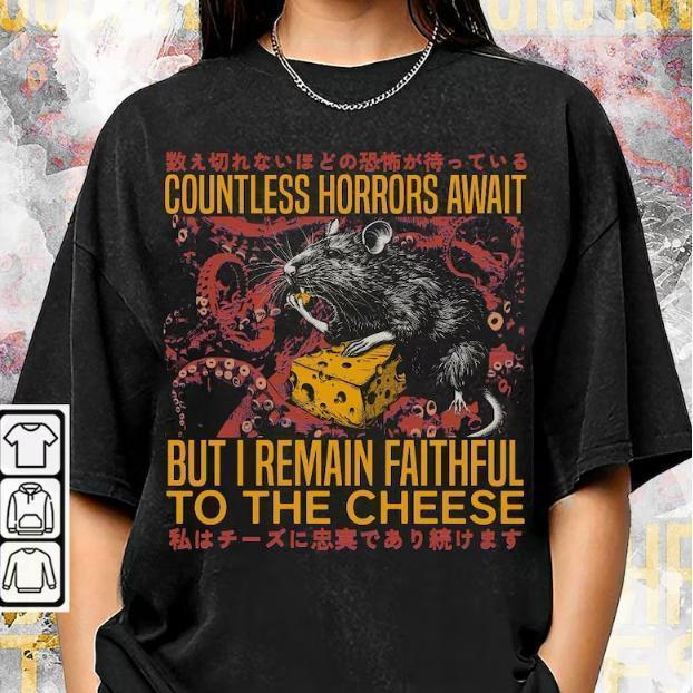 Faithful To The Cheese Shirt Vintage Japanese Horror Rat Graphic Tee Tokyo Weird Streetwear Gifts Unisex T-Shirt Hoodie Sweatshirt 50/50 Cotton Polyester Classic Fit