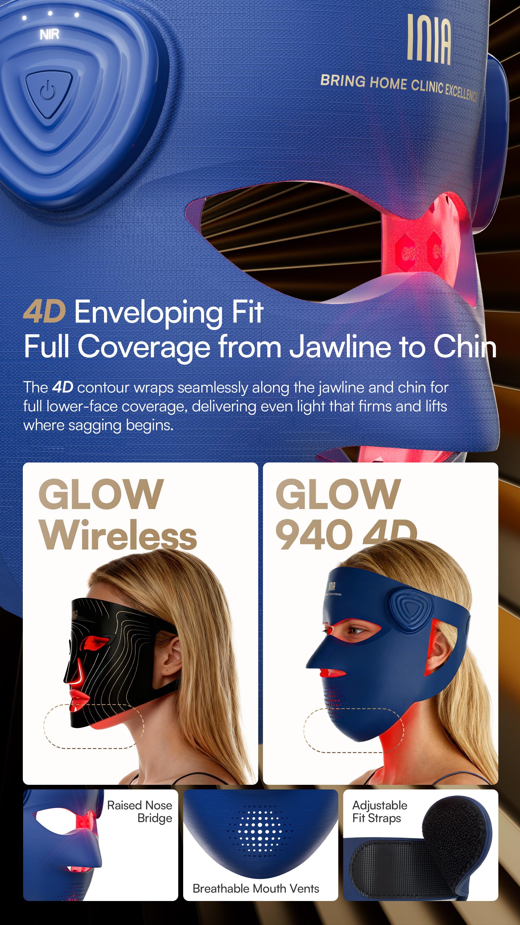 INIA GLOW 940 nm 4D LED Mask – Dual NIR 940 + 850 nm Deep Penetration for Deeper Repair, Visible Lift & Lasting Radiance, 4D Fit for Jawline Lift & Firm, Cooling Therapy, Wireless Comfort, Best Christmas Gift Ideas